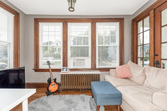 27 Thornton St, Hamden, CT 06517 - living room with radiator, wood finished floors, and cooling unit