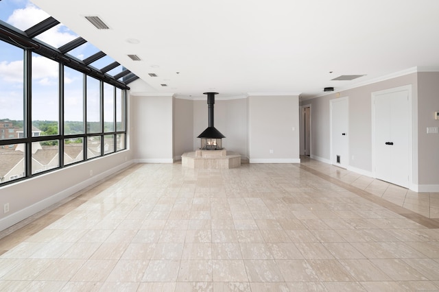 104 N St Apt 803, Stamford, CT 06902 - unfurnished living room with light tile patterned flooring, ornamental molding, and a wood stove