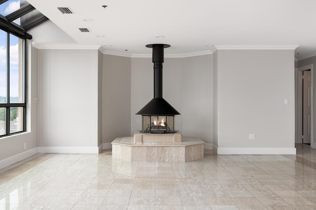 104 N St Apt 803, Stamford, CT 06902 - unfurnished living room featuring crown molding, a wood stove, recessed lighting, and light marble finish floors