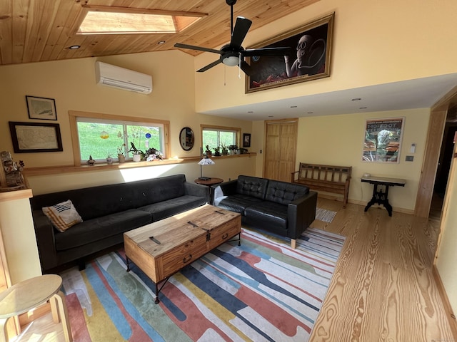 23 Little Bunggee Hill Rd, Woodstock, CT 06282 - living room with an AC wall unit, a skylight, wood finished floors, a ceiling fan, and wood ceiling
