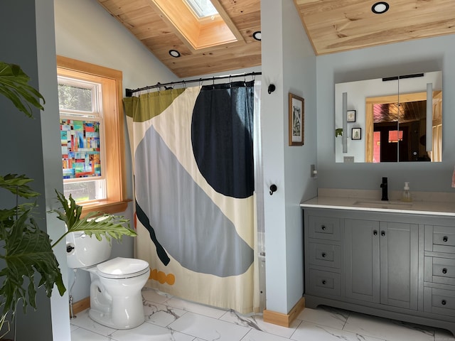 23 Little Bunggee Hill Rd, Woodstock, CT 06282 - bathroom with marble finish flooring, a skylight, wooden ceiling, vanity, and a shower with shower curtain