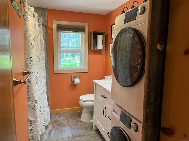 23 Little Bunggee Hill Rd, Woodstock, CT 06282 - full bathroom with stacked washer / dryer, vanity, and a shower with shower curtain