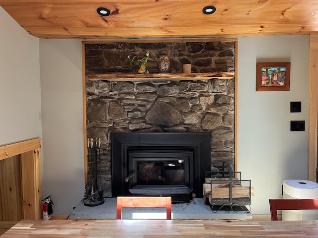 23 Little Bunggee Hill Rd, Woodstock, CT 06282 - detailed view of wood ceiling and a fireplace