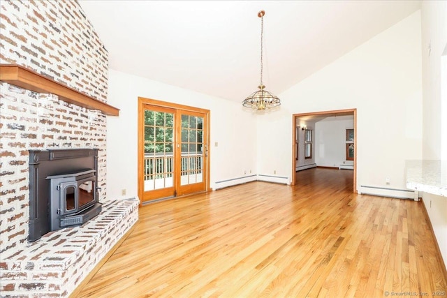 6 Big Buck Ln, Brookfield, CT 06804 - unfurnished living room with a baseboard radiator, wood finished floors, a wood stove, a chandelier, and high vaulted ceiling