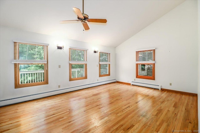 6 Big Buck Ln, Brookfield, CT 06804 - empty room with baseboard heating, wood finished floors, a ceiling fan, and high vaulted ceiling