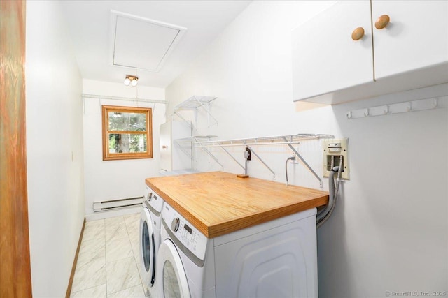 6 Big Buck Ln, Brookfield, CT 06804 - laundry area featuring washer and dryer, light marble finish flooring, attic access, and a baseboard heating unit