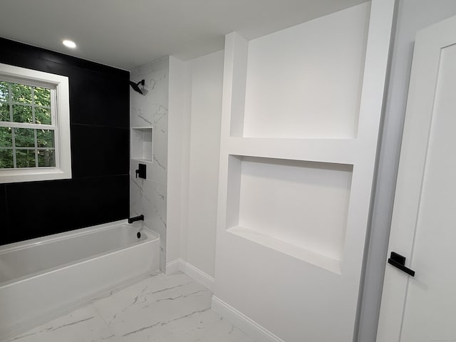 51 Brentley Dr, Shelton, CT 06484 - bathroom featuring marble look tile flooring, shower / bath combination, and recessed lighting