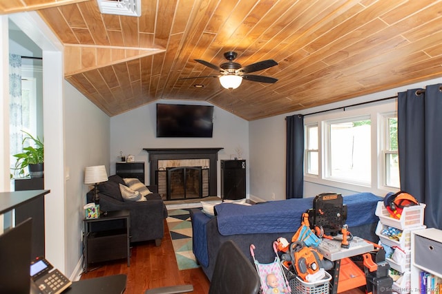 24 Dogwood Ln, Shelton, CT 06484 - bedroom with wooden ceiling, wood finished floors, a fireplace, and lofted ceiling