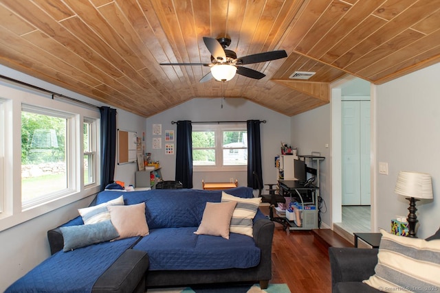 24 Dogwood Ln, Shelton, CT 06484 - living room featuring wood ceiling, dark wood-style floors, ceiling fan, and lofted ceiling