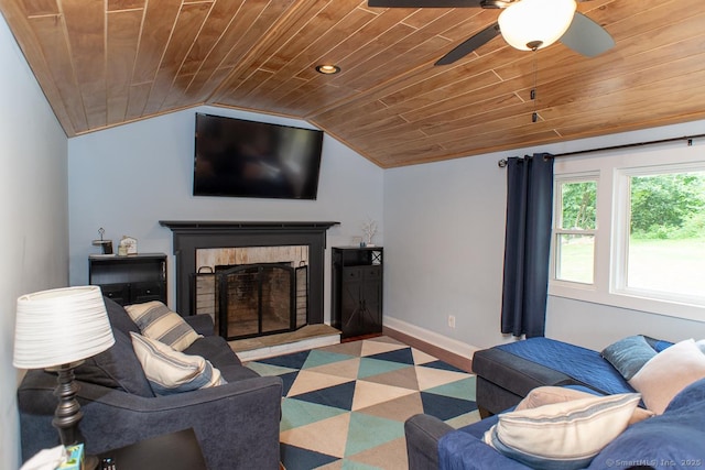 24 Dogwood Ln, Shelton, CT 06484 - living area featuring wood ceiling, vaulted ceiling, a brick fireplace, a ceiling fan, and recessed lighting
