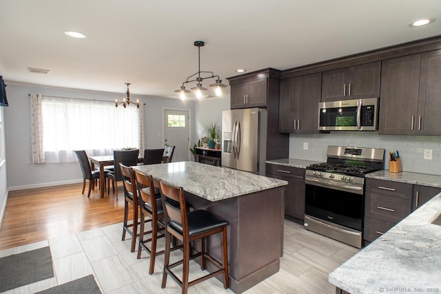 24 Dogwood Ln, Shelton, CT 06484 - kitchen with appliances with stainless steel finishes, dark brown cabinetry, a breakfast bar, backsplash, and a kitchen island