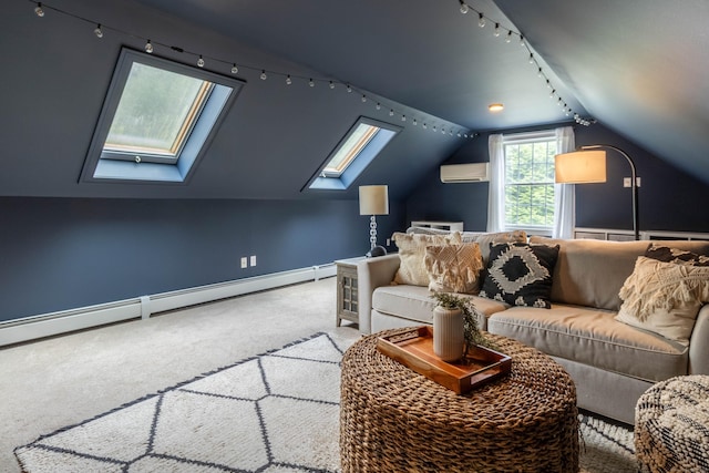 129 Clark Gates Rd, East Haddam, CT 06469 - carpeted living area featuring track lighting, a skylight, a baseboard heating unit, a wall mounted air conditioner, and lofted ceiling
