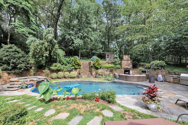 206 Beacon Hill Rd, Trumbull, CT 06611 - view of pool with a patio, an outdoor living space with a fireplace, and view of scattered trees