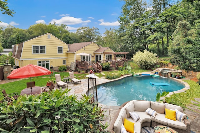 206 Beacon Hill Rd, Trumbull, CT 06611 - swimming pool featuring a deck, an in-ground hot tub, a patio, an outdoor living space, and view of scattered trees