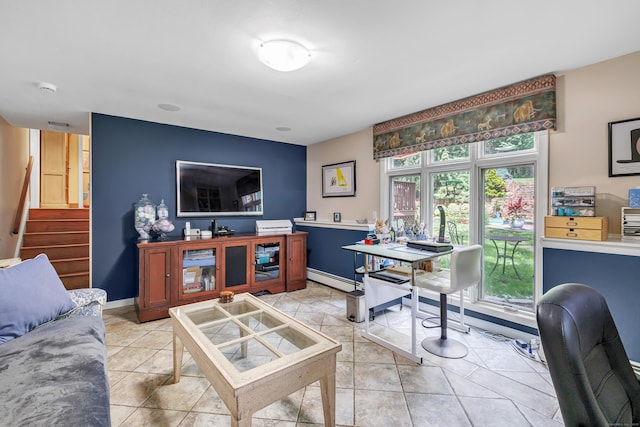 206 Beacon Hill Rd, Trumbull, CT 06611 - living room with a baseboard heating unit, stairs, and light tile patterned floors