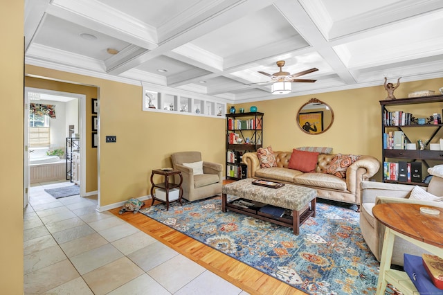 206 Beacon Hill Rd, Trumbull, CT 06611 - living room with beam ceiling, ornamental molding, coffered ceiling, and a ceiling fan