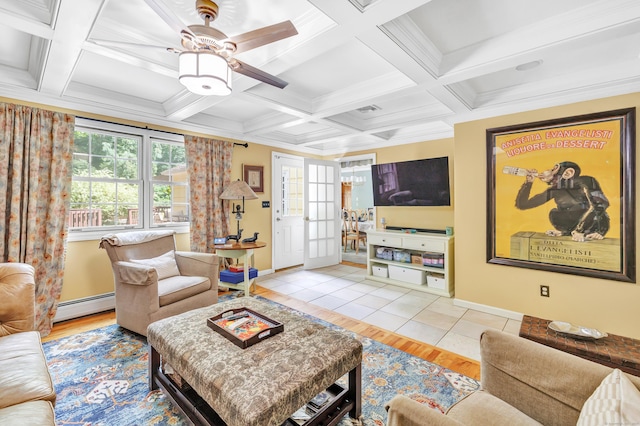 206 Beacon Hill Rd, Trumbull, CT 06611 - living area featuring a baseboard heating unit, ceiling fan, beamed ceiling, coffered ceiling, and wood finished floors