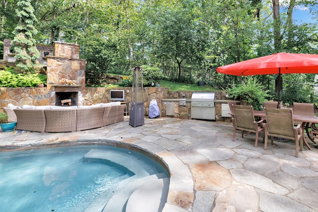 206 Beacon Hill Rd, Trumbull, CT 06611 - view of pool with a patio, an outdoor living space with a fireplace, area for grilling, and outdoor dining space