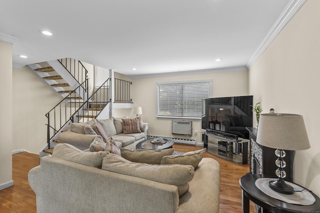 60 Alvord Ln Apt 19, Stamford, CT 06902 - living room with ornamental molding, a wall mounted AC, stairway, wood finished floors, and recessed lighting