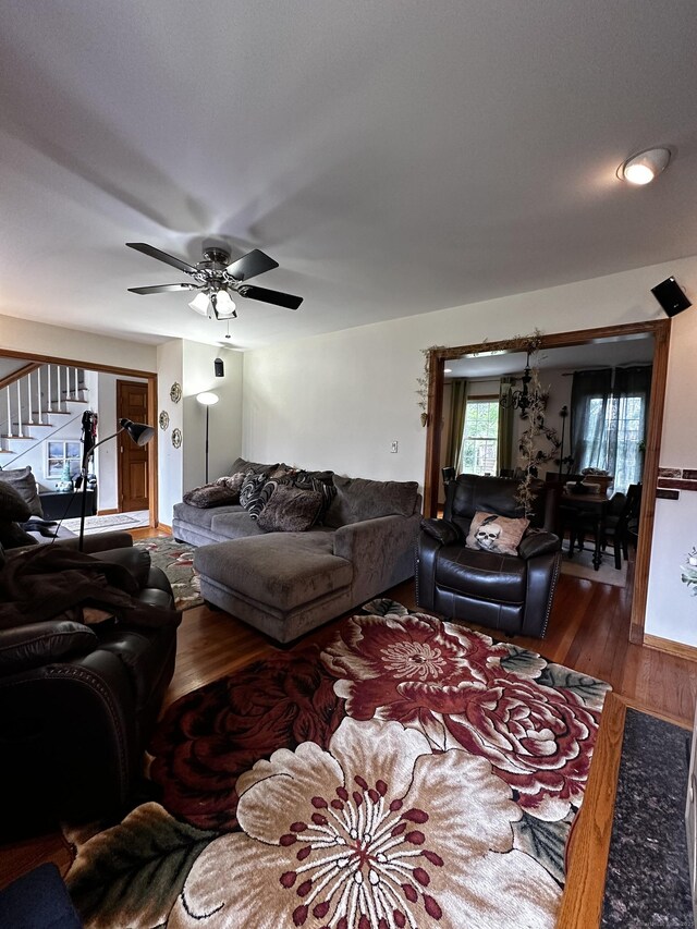 54 Carmel St, Hamden, CT 06518 - living area featuring stairway, wood finished floors, and a ceiling fan