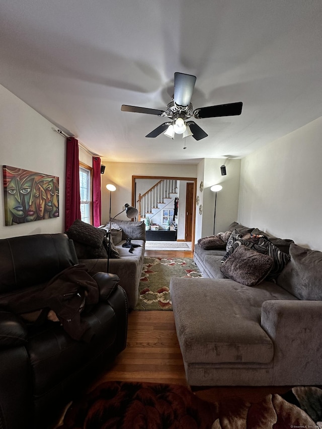 54 Carmel St, Hamden, CT 06518 - living area with stairs, ceiling fan, and wood finished floors
