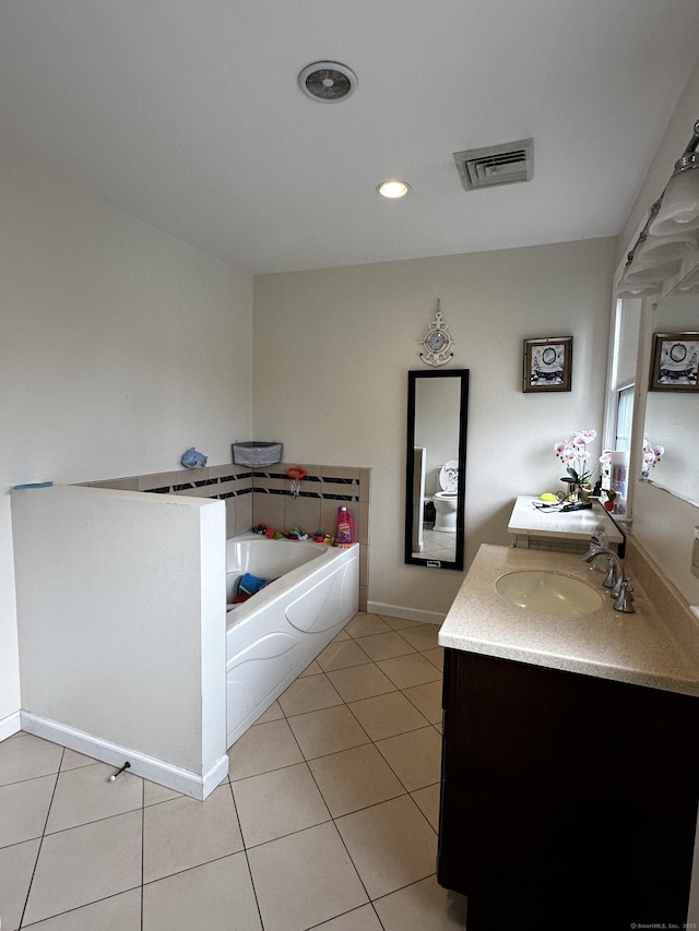 54 Carmel St, Hamden, CT 06518 - full bath with vanity, tile patterned floors, a bath, and recessed lighting