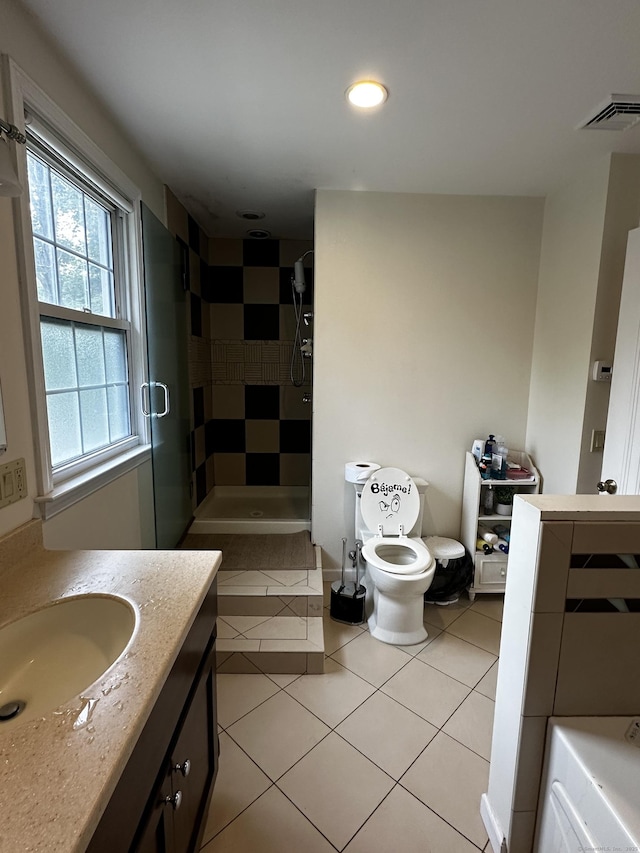 54 Carmel St, Hamden, CT 06518 - full bathroom with tile patterned flooring, a stall shower, recessed lighting, and vanity