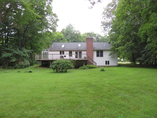 1200 Peck Ln, Cheshire, CT 06410 - back of house with a deck, a chimney, a yard, and stairs