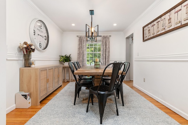 41 Arlington Rd, Stamford, CT 06902 - dining space with ornamental molding, a chandelier, light wood-type flooring, and recessed lighting