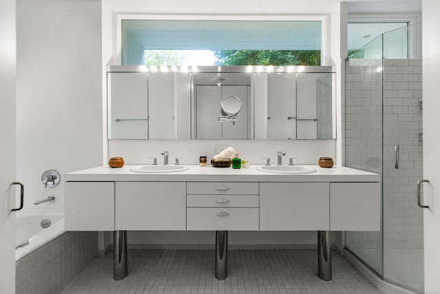 274 Nod Rd, Ridgefield, CT 06877 - full bathroom with a stall shower, double vanity, tile patterned floors, and a tub to relax in