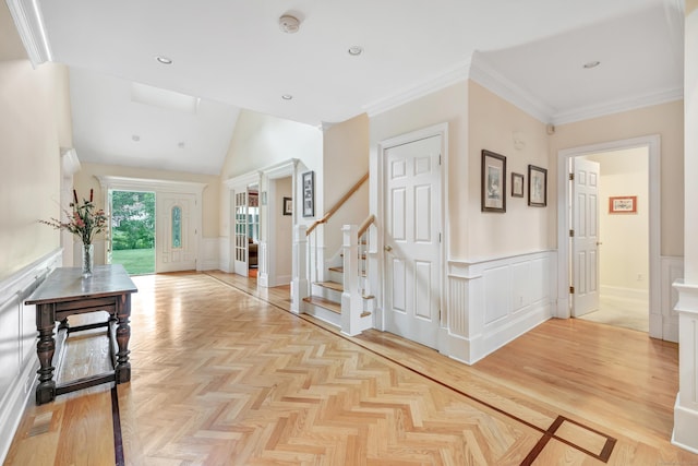 28 Aldo Dr, Woodbridge, CT 06525 - hallway featuring a decorative wall, wainscoting, stairway, vaulted ceiling, and recessed lighting