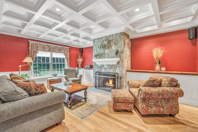 28 Aldo Dr, Woodbridge, CT 06525 - living room featuring coffered ceiling, wood finished floors, a fireplace, beam ceiling, and ornamental molding