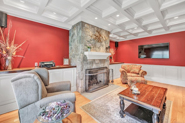28 Aldo Dr, Woodbridge, CT 06525 - living room with coffered ceiling, beamed ceiling, a stone fireplace, recessed lighting, and crown molding
