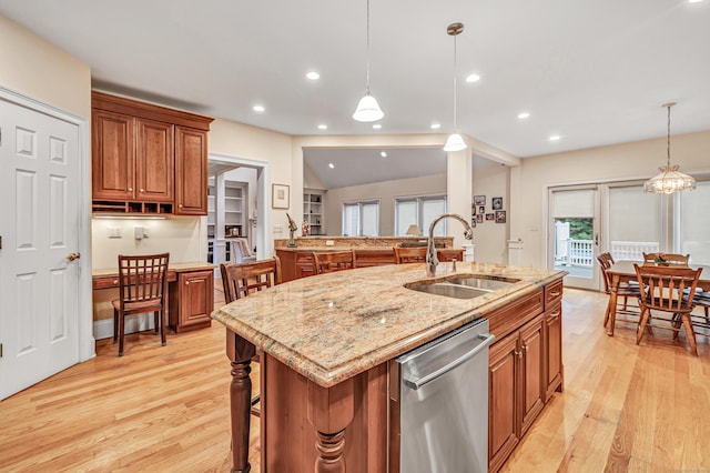 28 Aldo Dr, Woodbridge, CT 06525 - kitchen featuring stainless steel dishwasher, brown cabinetry, light wood-type flooring, light stone countertops, and recessed lighting