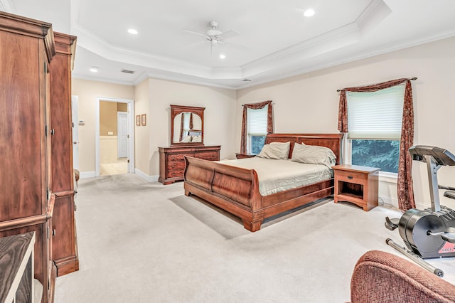 28 Aldo Dr, Woodbridge, CT 06525 - bedroom featuring light colored carpet, a raised ceiling, ornamental molding, multiple windows, and recessed lighting