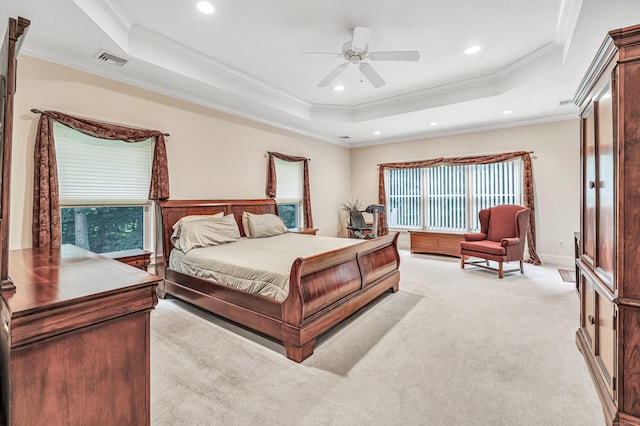 28 Aldo Dr, Woodbridge, CT 06525 - bedroom featuring light carpet, a raised ceiling, crown molding, recessed lighting, and ceiling fan