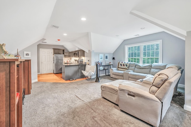28 Aldo Dr, Woodbridge, CT 06525 - living area with light carpet, lofted ceiling, and recessed lighting
