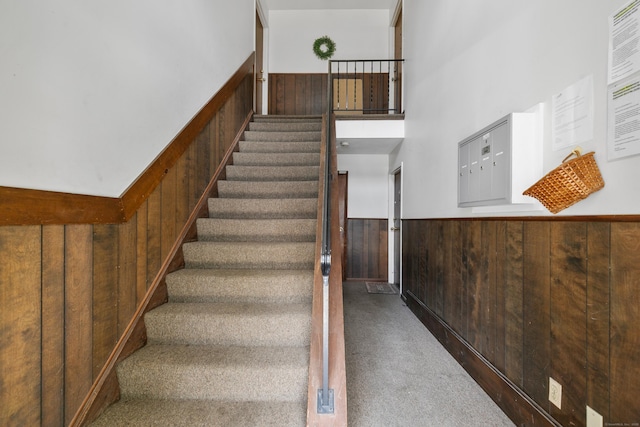 37 Enid St Apt C, Bridgeport, CT 06606 - staircase featuring carpet, wooden walls, a wainscoted wall, and a high ceiling