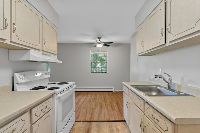 37 Enid St Apt C, Bridgeport, CT 06606 - kitchen featuring white electric stove, under cabinet range hood, ceiling fan, and light countertops