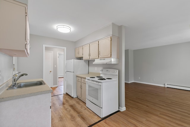 37 Enid St Apt C, Bridgeport, CT 06606 - kitchen with white appliances, under cabinet range hood, baseboard heating, light wood-style flooring, and light countertops