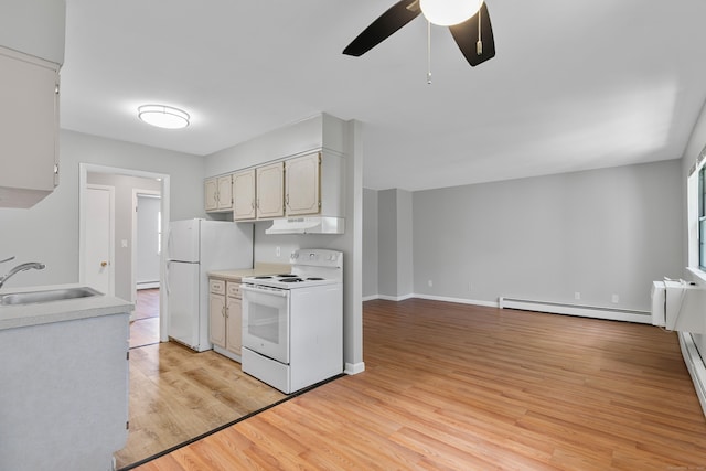37 Enid St Apt C, Bridgeport, CT 06606 - kitchen with white appliances, a baseboard radiator, under cabinet range hood, a ceiling fan, and light wood-type flooring