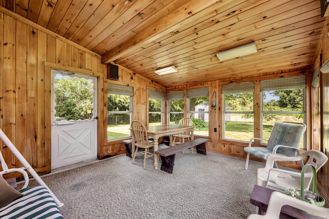 33 Hazel Ave, Naugatuck, CT 06770 - sunroom / solarium featuring vaulted ceiling, carpet flooring, wooden walls, and wooden ceiling