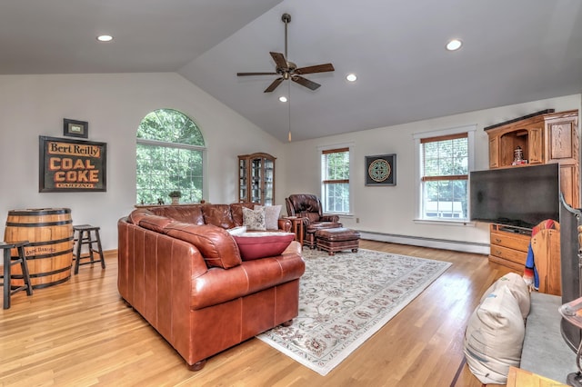 67 Nicole Dr, Naugatuck, CT 06770 - living room featuring baseboard heating, ceiling fan, vaulted ceiling, light wood finished floors, and recessed lighting