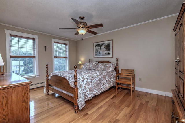 67 Nicole Dr, Naugatuck, CT 06770 - bedroom featuring a baseboard heating unit, light wood-style floors, crown molding, a textured ceiling, and a ceiling fan