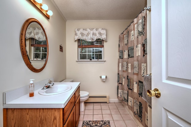 67 Nicole Dr, Naugatuck, CT 06770 - bathroom featuring baseboard heating, vanity, a textured ceiling, tile patterned flooring, and a shower with shower curtain