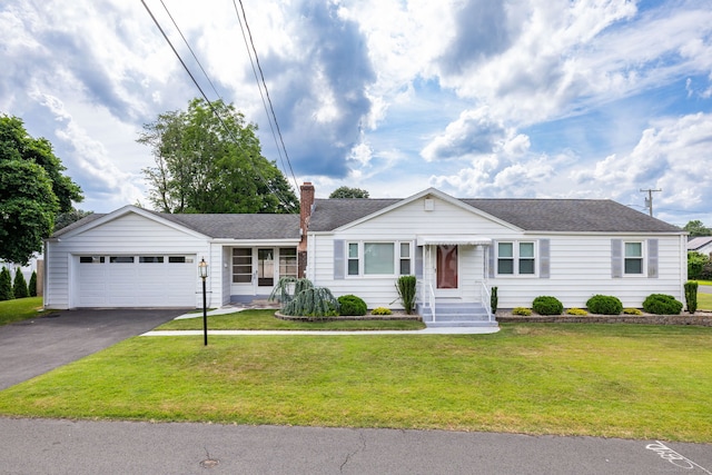 51 Euston St, New Britain, CT 06053 - ranch-style home featuring a garage, asphalt driveway, a front yard, and a chimney