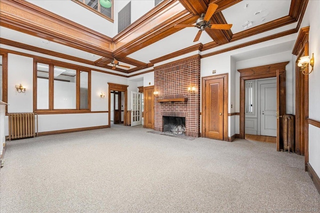 31 N Main St, Essex, CT 06426 - unfurnished living room with radiator heating unit, coffered ceiling, a ceiling fan, carpet floors, and a fireplace