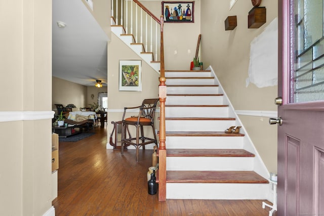 20 Society Hill Rd, Waterbury, CT 06704 - stairway featuring a ceiling fan and hardwood / wood-style flooring
