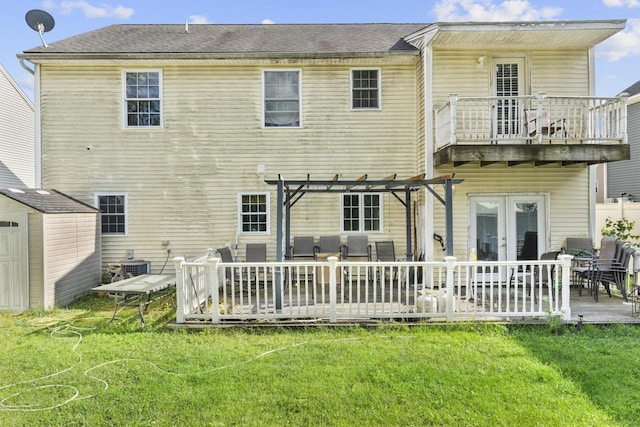 20 Society Hill Rd, Waterbury, CT 06704 - rear view of house featuring a pergola, a yard, a storage unit, and french doors