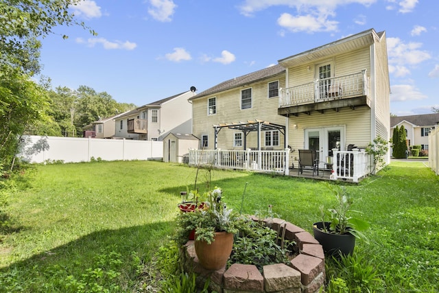 20 Society Hill Rd, Waterbury, CT 06704 - back of property with french doors, a shed, a balcony, and a pergola
